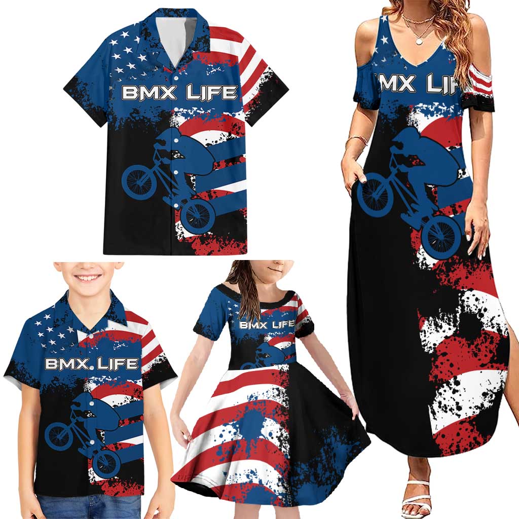 BMX Life Graphic Family Matching Summer Maxi Dress and Hawaiian Shirt with American Flag and Custom Rider Number Design - Wonder Print Shop