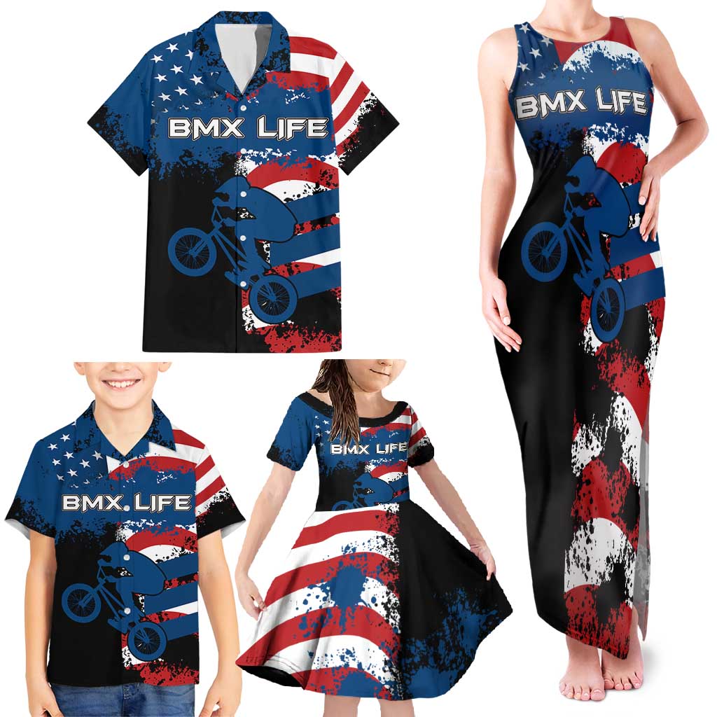 BMX Life Graphic Family Matching Tank Maxi Dress and Hawaiian Shirt with American Flag and Custom Rider Number Design - Wonder Print Shop