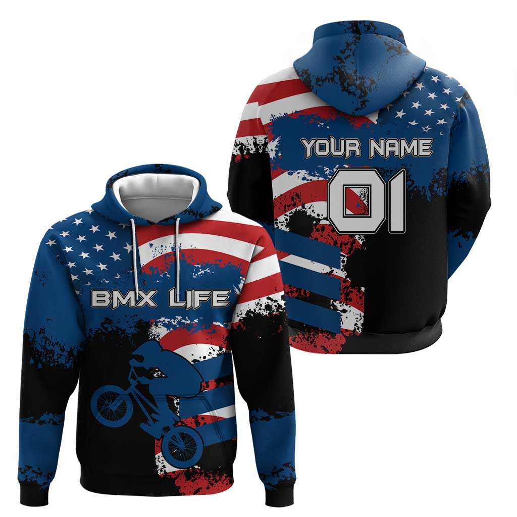 BMX Life Graphic Hoodie with American Flag and Custom Rider Number Design - Wonder Print Shop