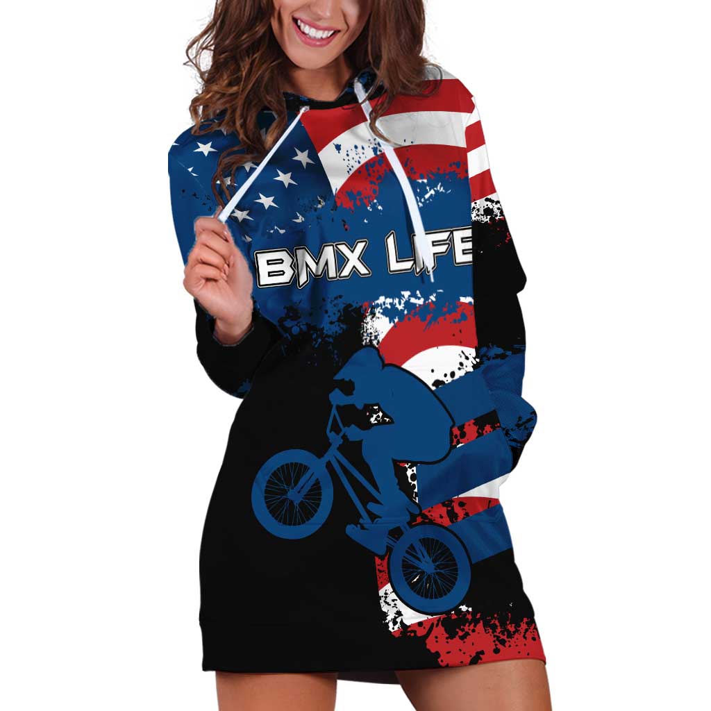 BMX Life Graphic Hoodie Dress with American Flag and Custom Rider Number Design - Wonder Print Shop