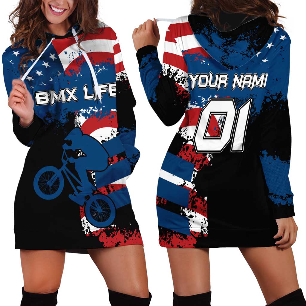 BMX Life Graphic Hoodie Dress with American Flag and Custom Rider Number Design - Wonder Print Shop