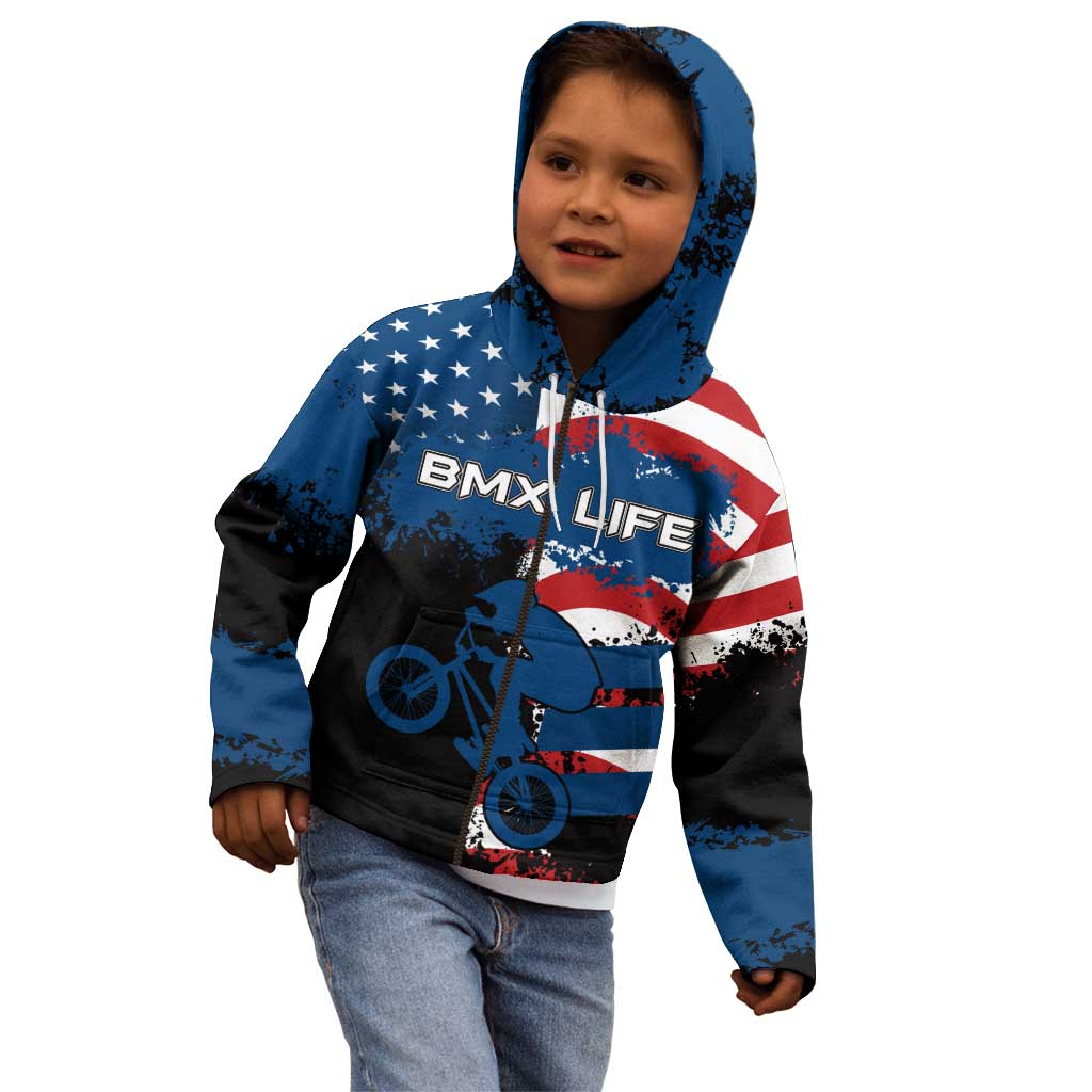 BMX Life Graphic Kid Hoodie with American Flag and Custom Rider Number Design - Wonder Print Shop