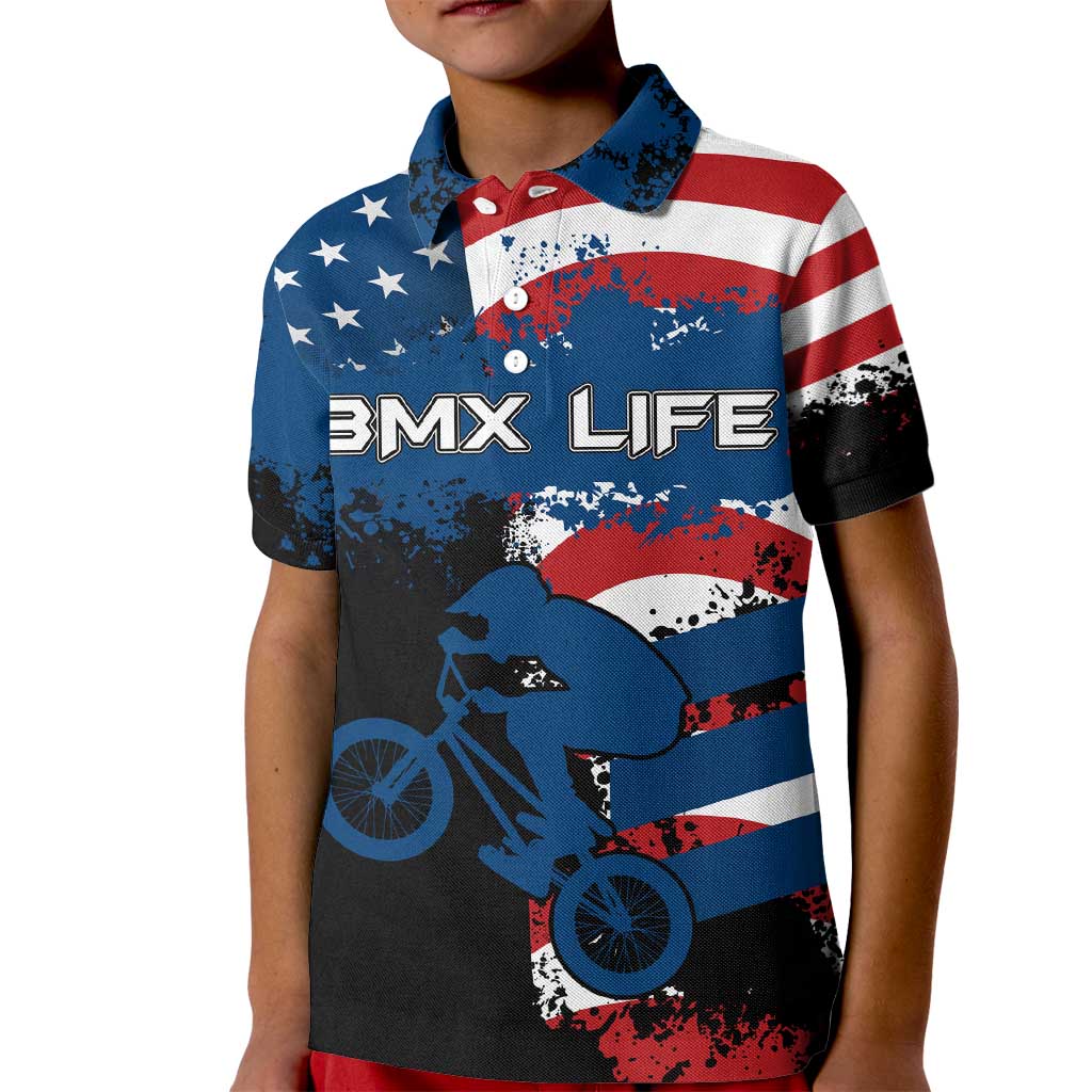 BMX Life Graphic Kid Polo Shirt with American Flag and Custom Rider Number Design - Wonder Print Shop