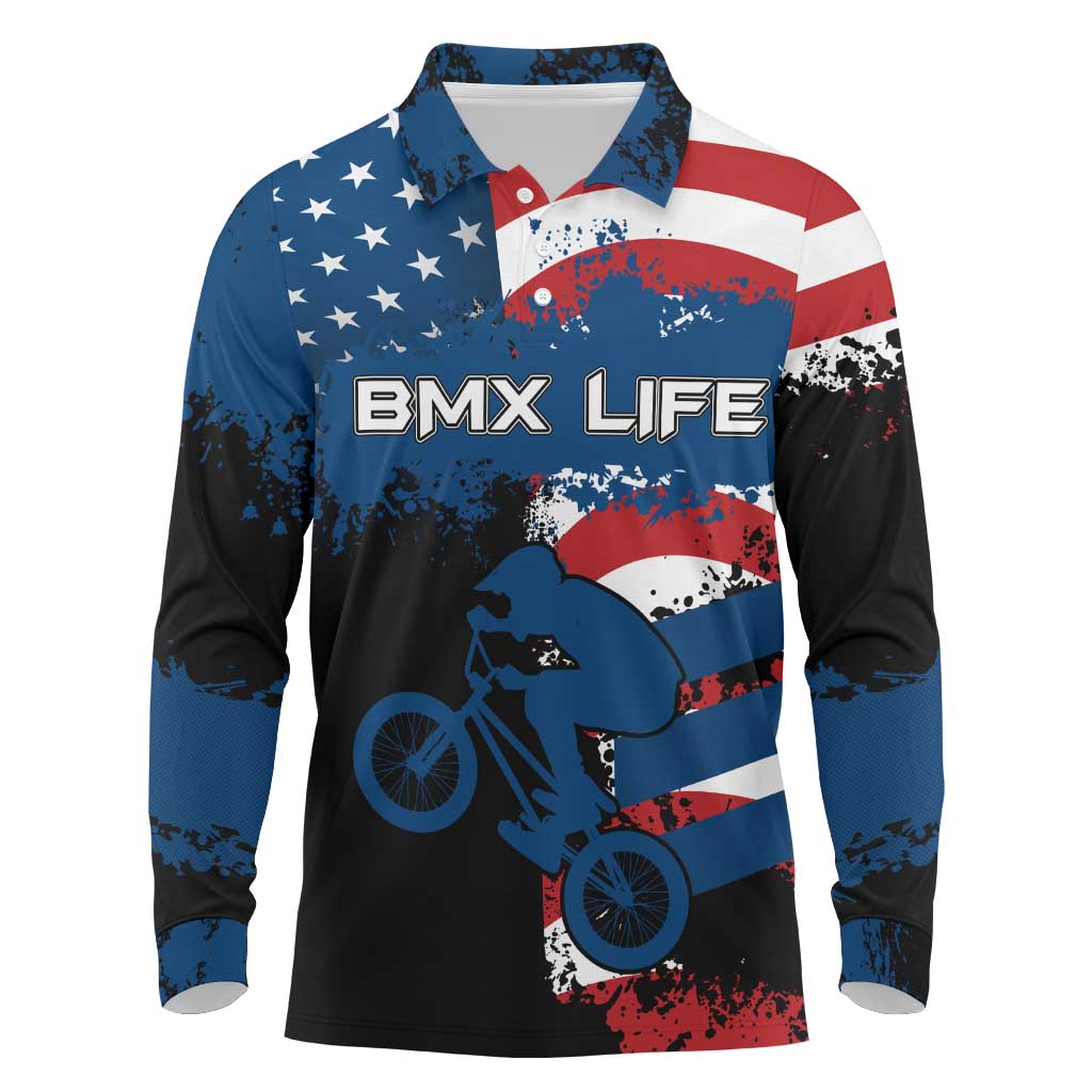 BMX Life Graphic Long Sleeve Polo Shirt with American Flag and Custom Rider Number Design - Wonder Print Shop