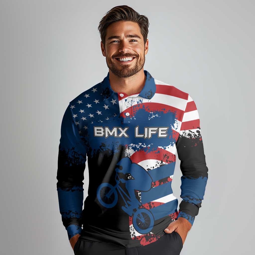 BMX Life Graphic Long Sleeve Polo Shirt with American Flag and Custom Rider Number Design - Wonder Print Shop