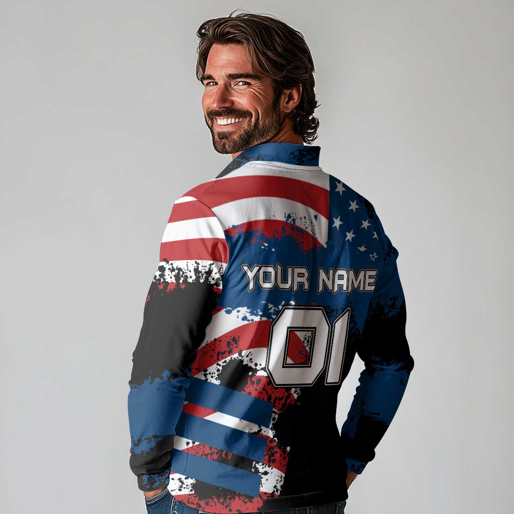 BMX Life Graphic Long Sleeve Polo Shirt with American Flag and Custom Rider Number Design - Wonder Print Shop