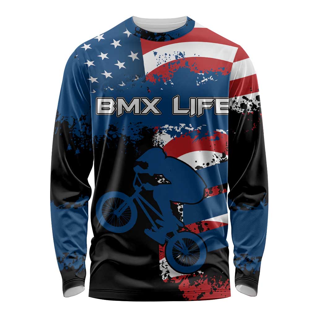 BMX Life Graphic Long Sleeve Shirt with American Flag and Custom Rider Number Design - Wonder Print Shop