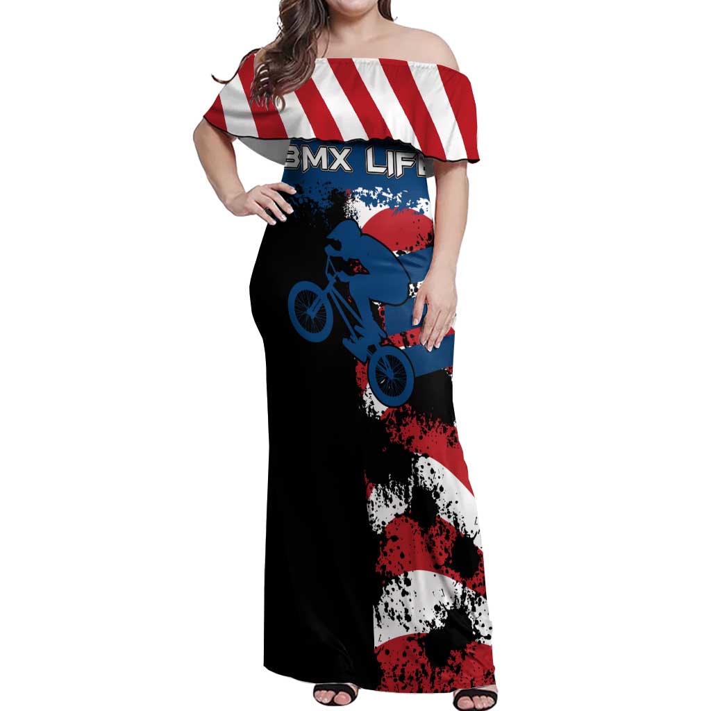 BMX Life Graphic Off Shoulder Maxi Dress with American Flag and Custom Rider Number Design - Wonder Print Shop