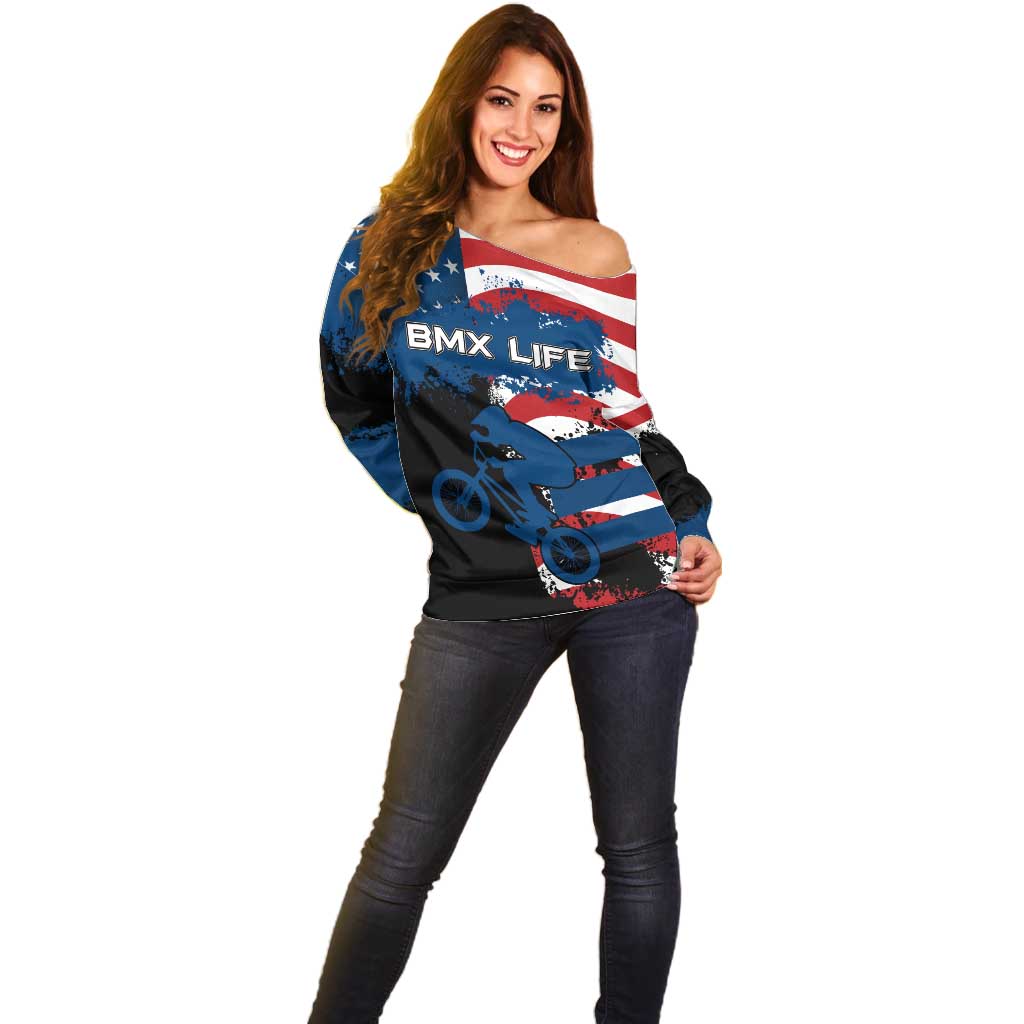 BMX Life Graphic Off Shoulder Sweater with American Flag and Custom Rider Number Design - Wonder Print Shop