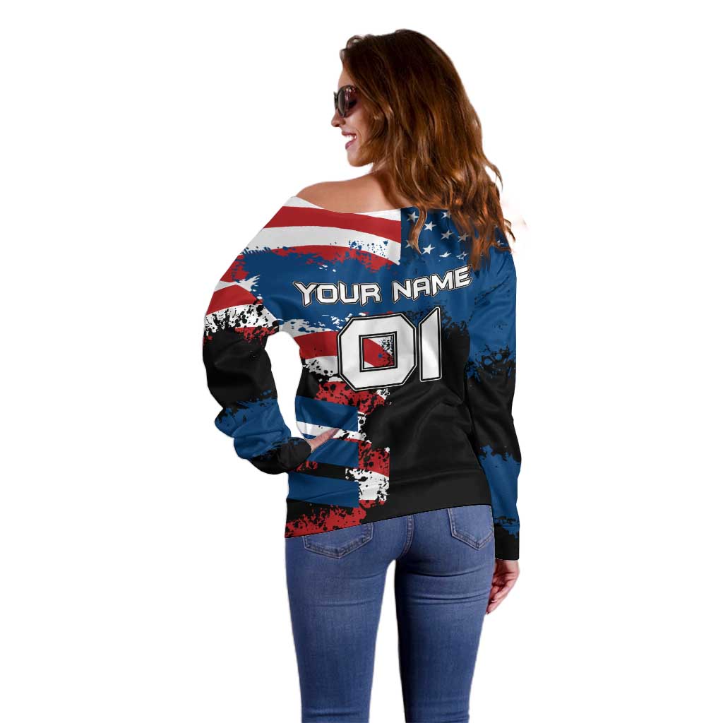 BMX Life Graphic Off Shoulder Sweater with American Flag and Custom Rider Number Design - Wonder Print Shop