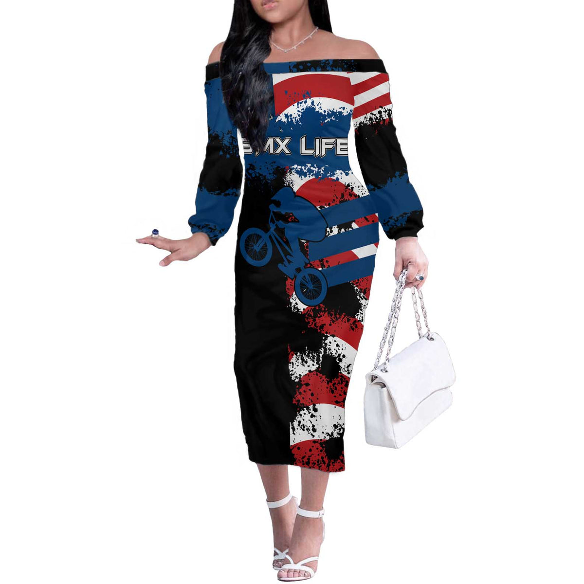 BMX Life Graphic Off The Shoulder Long Sleeve Dress with American Flag and Custom Rider Number Design - Wonder Print Shop