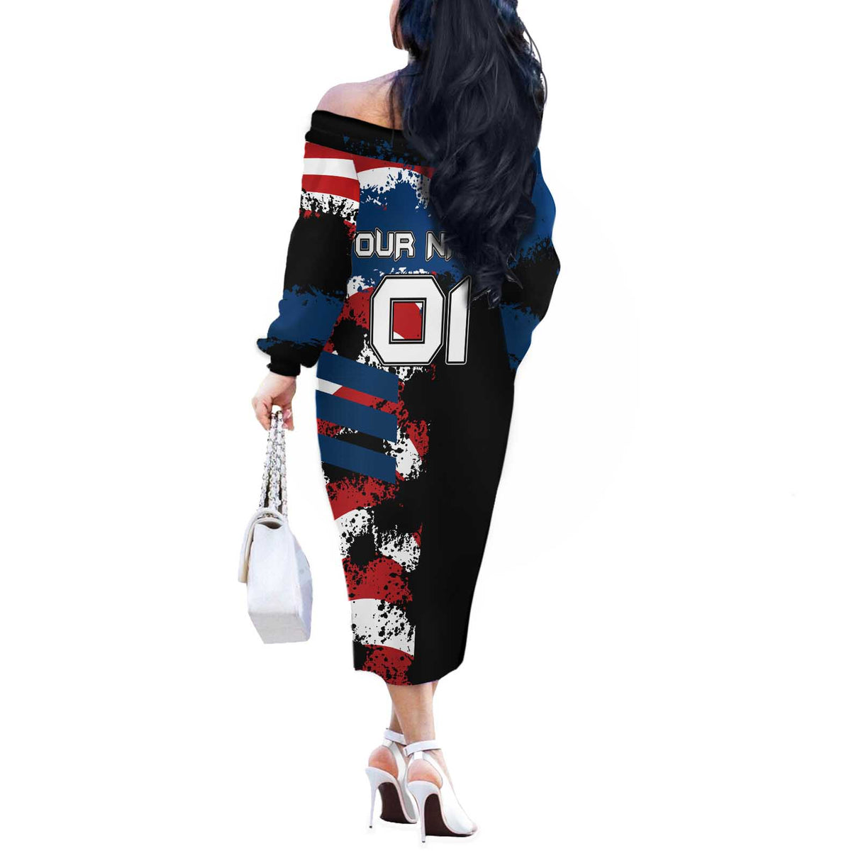 BMX Life Graphic Off The Shoulder Long Sleeve Dress with American Flag and Custom Rider Number Design - Wonder Print Shop