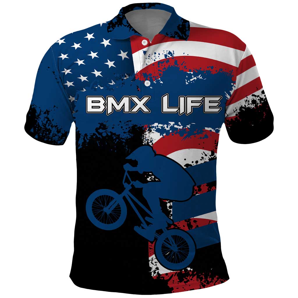 BMX Life Graphic Polo Shirt with American Flag and Custom Rider Number Design - Wonder Print Shop