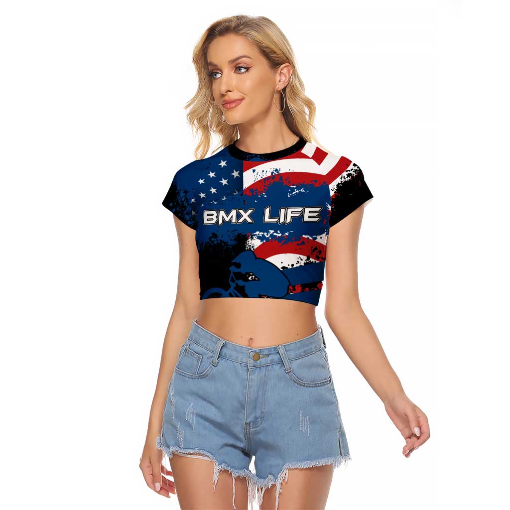 BMX Life Graphic Raglan Cropped T Shirt with American Flag and Custom Rider Number Design - Wonder Print Shop