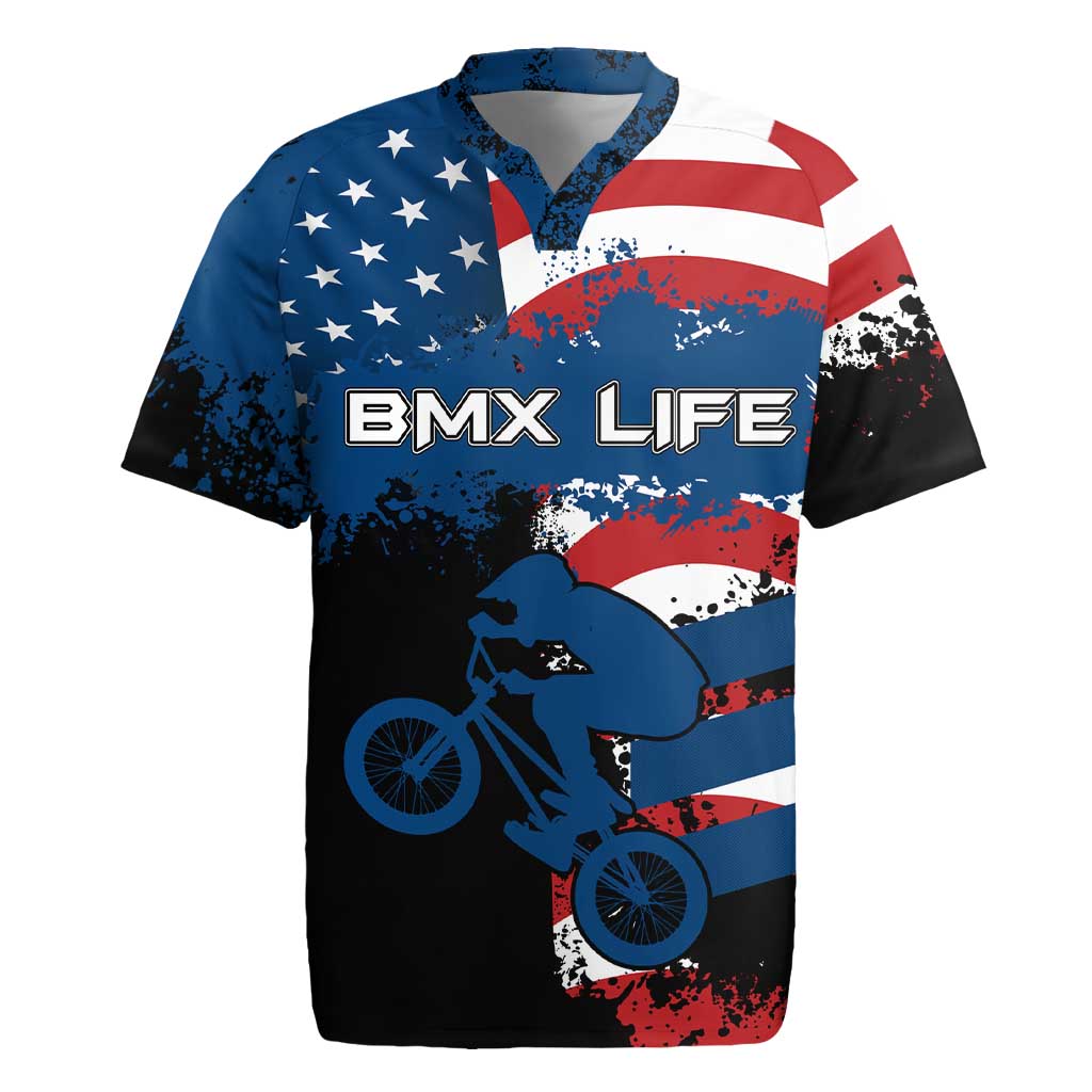 BMX Life Graphic Rugby Jersey with American Flag and Custom Rider Number Design - Wonder Print Shop