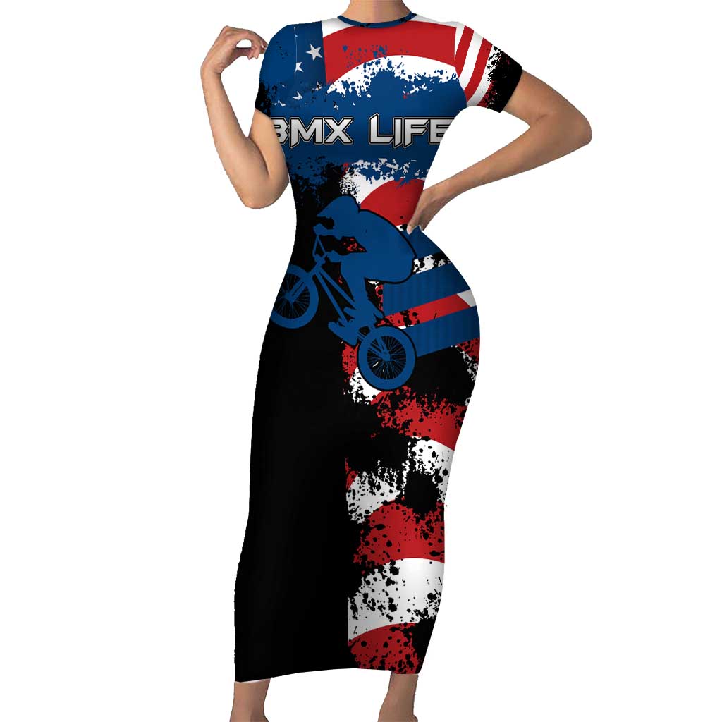 BMX Life Graphic Short Sleeve Bodycon Dress with American Flag and Custom Rider Number Design - Wonder Print Shop