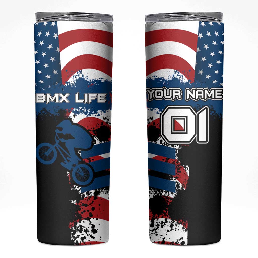 BMX Life Graphic Skinny Tumbler with American Flag and Custom Rider Number Design - Wonder Print Shop