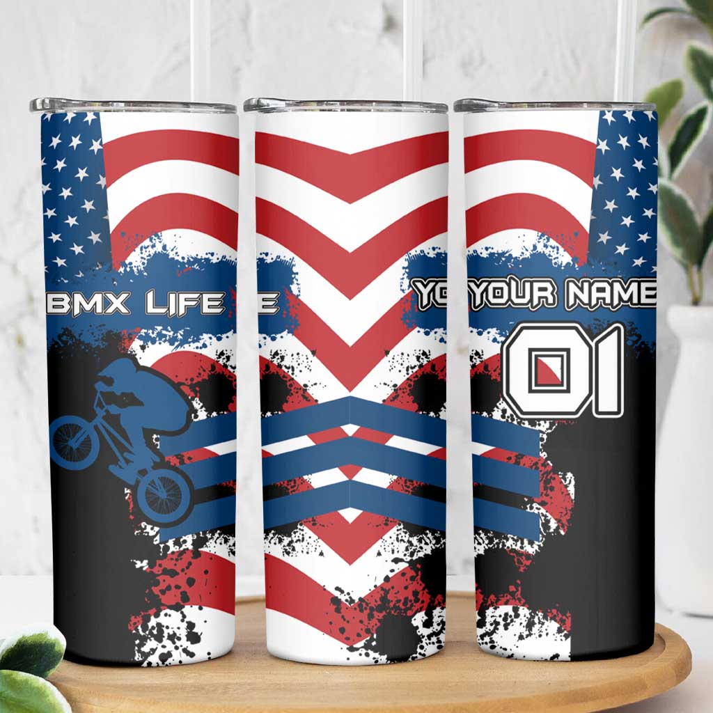 BMX Life Graphic Skinny Tumbler with American Flag and Custom Rider Number Design - Wonder Print Shop