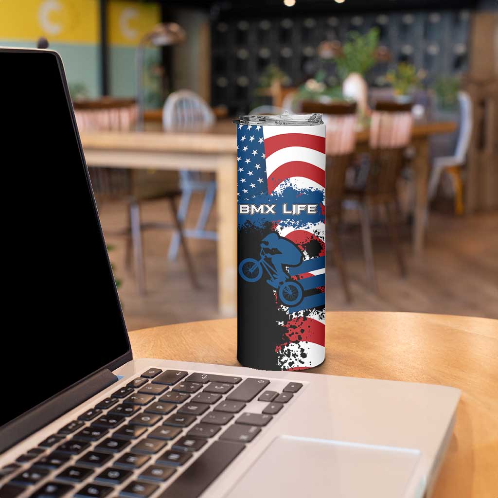 BMX Life Graphic Skinny Tumbler with American Flag and Custom Rider Number Design - Wonder Print Shop