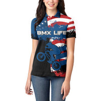 BMX Life Graphic Women Polo Shirt with American Flag and Custom Rider Number Design - Wonder Print Shop
