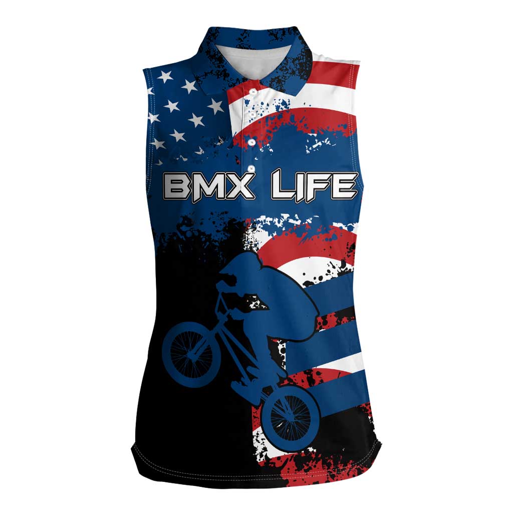 BMX Life Graphic Women Sleeveless Polo Shirt with American Flag and Custom Rider Number Design - Wonder Print Shop