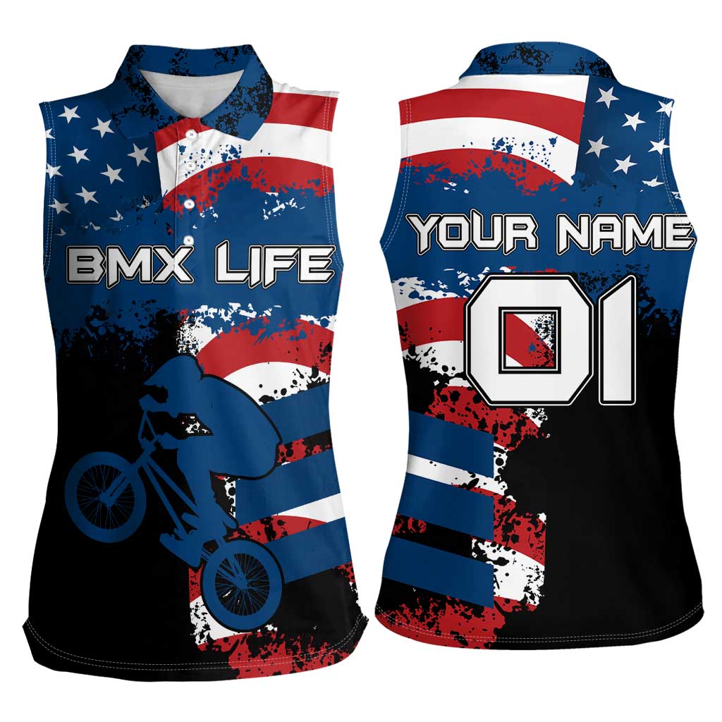 BMX Life Graphic Women Sleeveless Polo Shirt with American Flag and Custom Rider Number Design - Wonder Print Shop