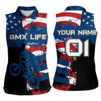 BMX Life Graphic Women Sleeveless Polo Shirt with American Flag and Custom Rider Number Design - Wonder Print Shop