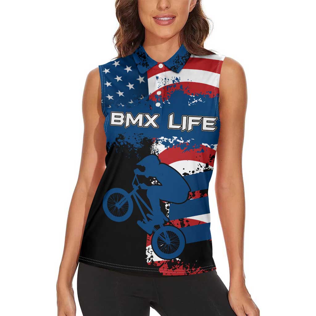 BMX Life Graphic Women Sleeveless Polo Shirt with American Flag and Custom Rider Number Design - Wonder Print Shop