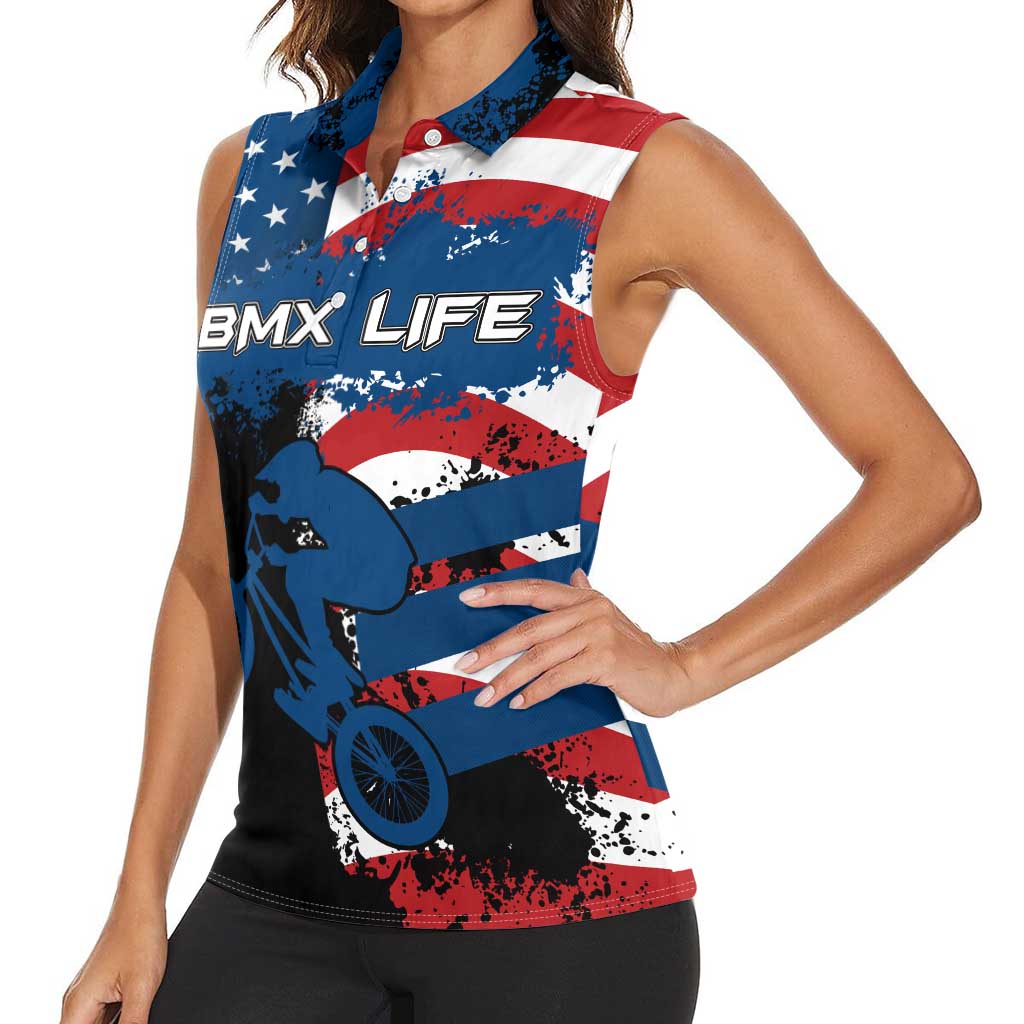 BMX Life Graphic Women Sleeveless Polo Shirt with American Flag and Custom Rider Number Design - Wonder Print Shop