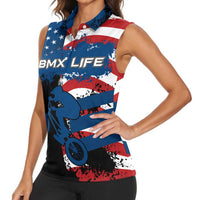 BMX Life Graphic Women Sleeveless Polo Shirt with American Flag and Custom Rider Number Design - Wonder Print Shop