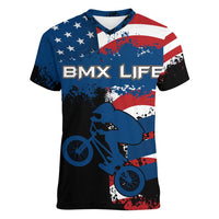 BMX Life Graphic Women V-Neck T-Shirt with American Flag and Custom Rider Number Design - Wonder Print Shop