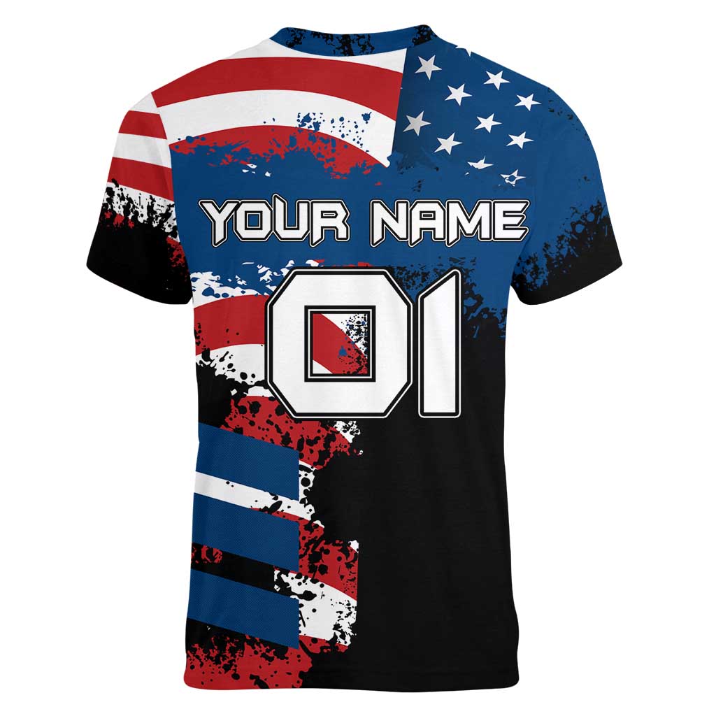 BMX Life Graphic Women V-Neck T-Shirt with American Flag and Custom Rider Number Design - Wonder Print Shop