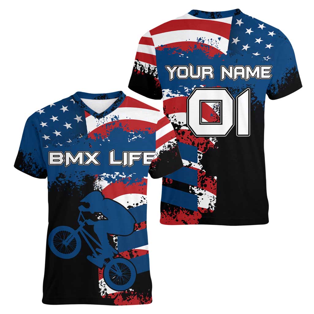 BMX Life Graphic Women V-Neck T-Shirt with American Flag and Custom Rider Number Design - Wonder Print Shop