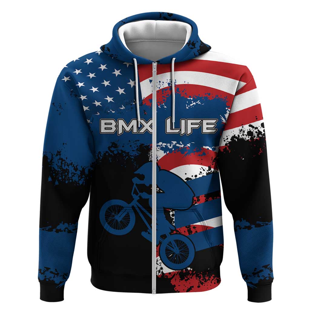BMX Life Graphic Zip Hoodie with American Flag and Custom Rider Number Design - Wonder Print Shop