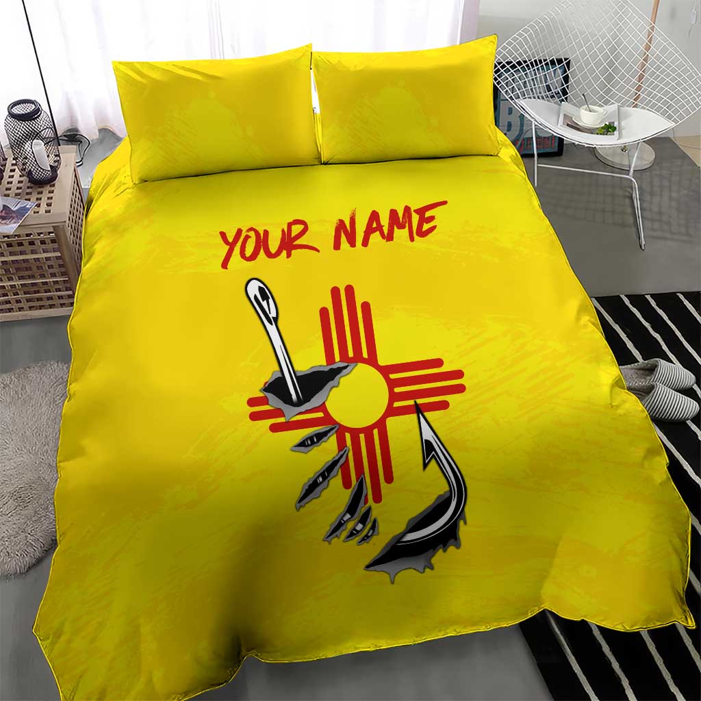 New Mexico Zia Symbol Fish Hook Bedding Set Torn Fishing Graphic and Custom Name Design - Wonder Print Shop