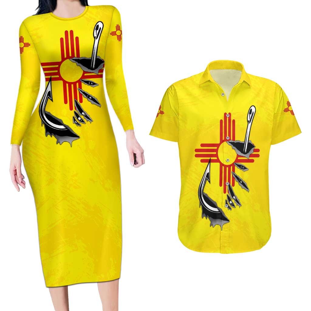 New Mexico Zia Symbol Fish Hook Couples Matching Long Sleeve Bodycon Dress and Hawaiian Shirt Torn Fishing Graphic and Custom Name Design - Wonder Print Shop