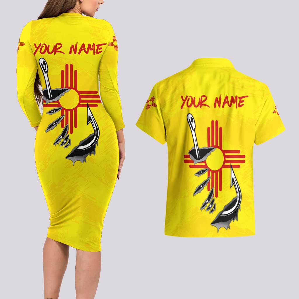 New Mexico Zia Symbol Fish Hook Couples Matching Long Sleeve Bodycon Dress and Hawaiian Shirt Torn Fishing Graphic and Custom Name Design - Wonder Print Shop