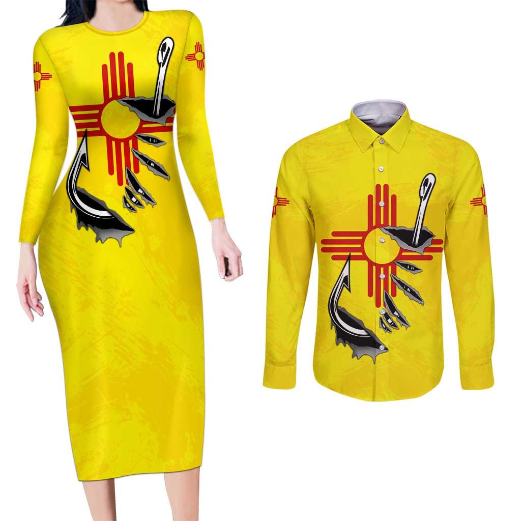 New Mexico Zia Symbol Fish Hook Couples Matching Long Sleeve Bodycon Dress and Long Sleeve Button Shirt Torn Fishing Graphic and Custom Name Design - Wonder Print Shop
