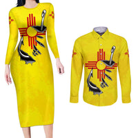 New Mexico Zia Symbol Fish Hook Couples Matching Long Sleeve Bodycon Dress and Long Sleeve Button Shirt Torn Fishing Graphic and Custom Name Design - Wonder Print Shop
