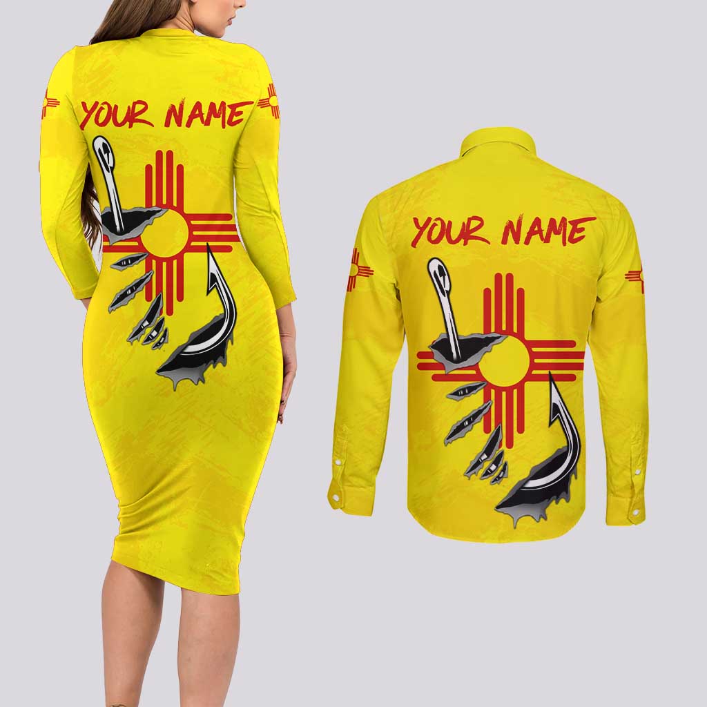 New Mexico Zia Symbol Fish Hook Couples Matching Long Sleeve Bodycon Dress and Long Sleeve Button Shirt Torn Fishing Graphic and Custom Name Design - Wonder Print Shop