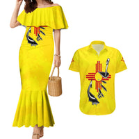 New Mexico Zia Symbol Fish Hook Couples Matching Mermaid Dress and Hawaiian Shirt Torn Fishing Graphic and Custom Name Design - Wonder Print Shop