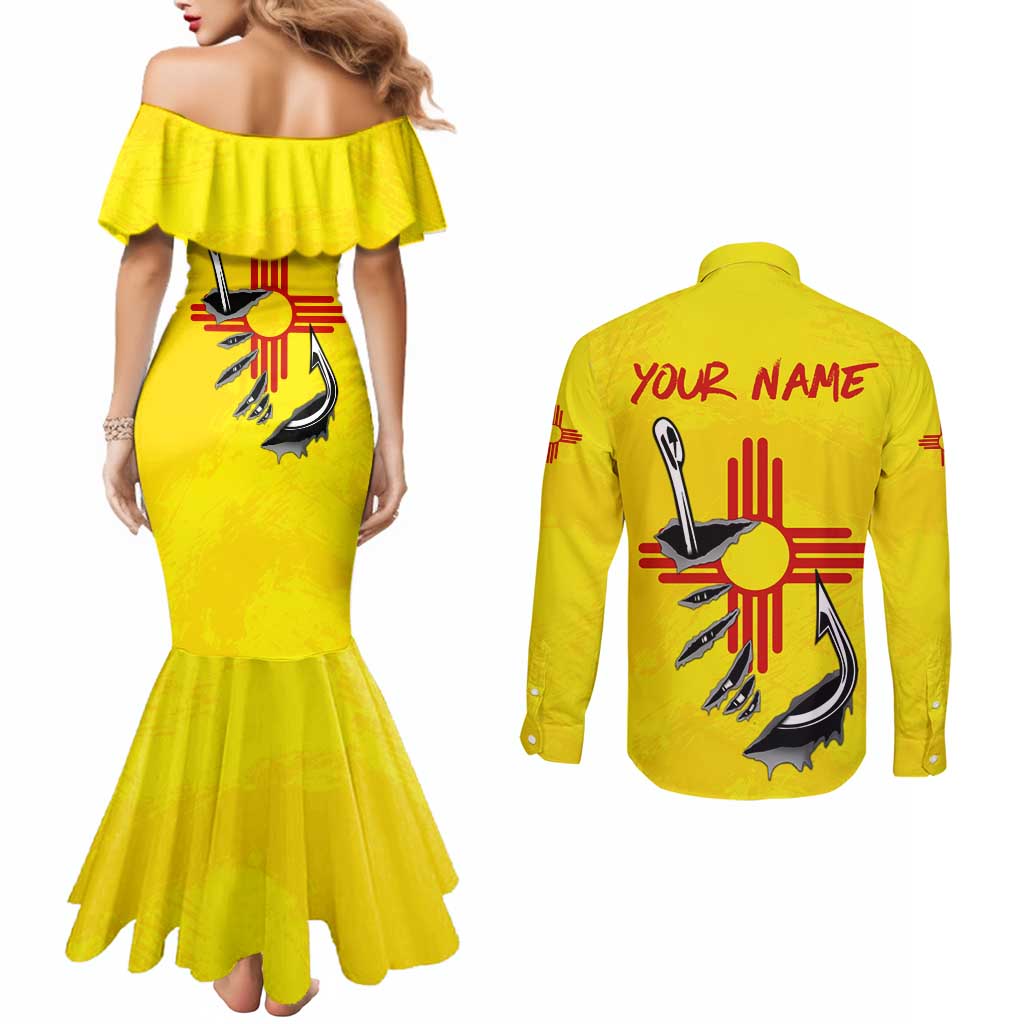 New Mexico Zia Symbol Fish Hook Couples Matching Mermaid Dress and Long Sleeve Button Shirt Torn Fishing Graphic and Custom Name Design - Wonder Print Shop