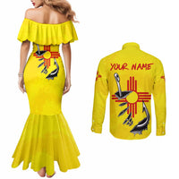 New Mexico Zia Symbol Fish Hook Couples Matching Mermaid Dress and Long Sleeve Button Shirt Torn Fishing Graphic and Custom Name Design - Wonder Print Shop