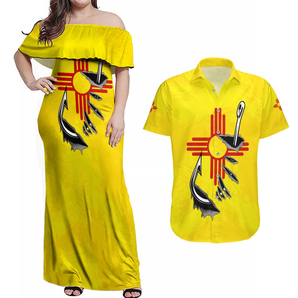 New Mexico Zia Symbol Fish Hook Couples Matching Off Shoulder Maxi Dress and Hawaiian Shirt Torn Fishing Graphic and Custom Name Design - Wonder Print Shop