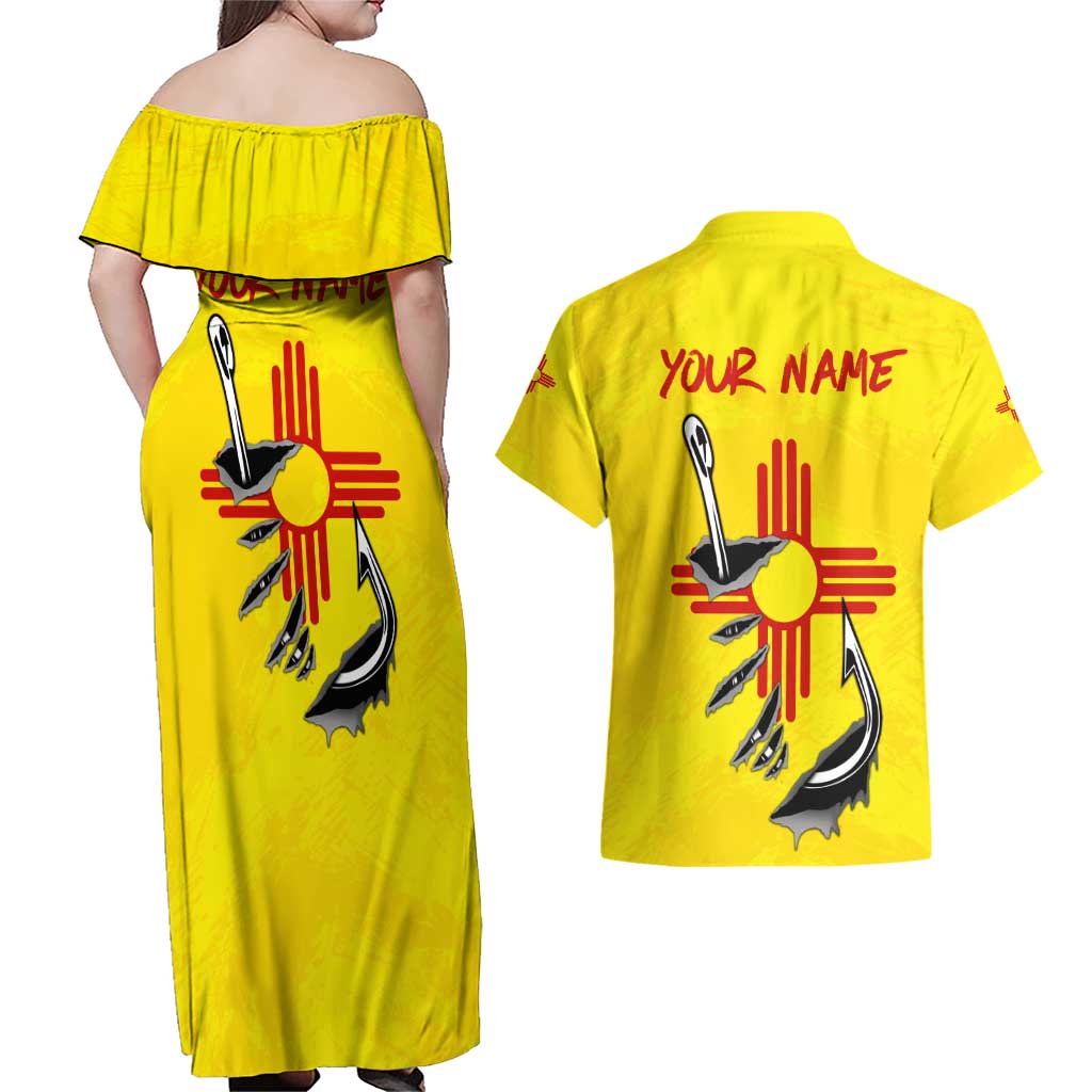 New Mexico Zia Symbol Fish Hook Couples Matching Off Shoulder Maxi Dress and Hawaiian Shirt Torn Fishing Graphic and Custom Name Design - Wonder Print Shop