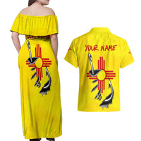 New Mexico Zia Symbol Fish Hook Couples Matching Off Shoulder Maxi Dress and Hawaiian Shirt Torn Fishing Graphic and Custom Name Design - Wonder Print Shop