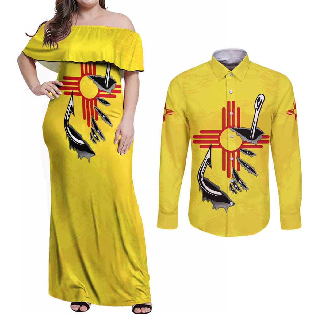 New Mexico Zia Symbol Fish Hook Couples Matching Off Shoulder Maxi Dress and Long Sleeve Button Shirt Torn Fishing Graphic and Custom Name Design - Wonder Print Shop