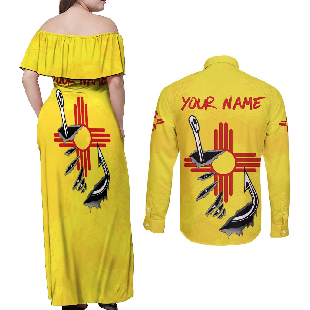 New Mexico Zia Symbol Fish Hook Couples Matching Off Shoulder Maxi Dress and Long Sleeve Button Shirt Torn Fishing Graphic and Custom Name Design - Wonder Print Shop