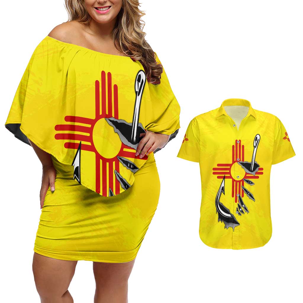 New Mexico Zia Symbol Fish Hook Couples Matching Off Shoulder Short Dress and Hawaiian Shirt Torn Fishing Graphic and Custom Name Design - Wonder Print Shop