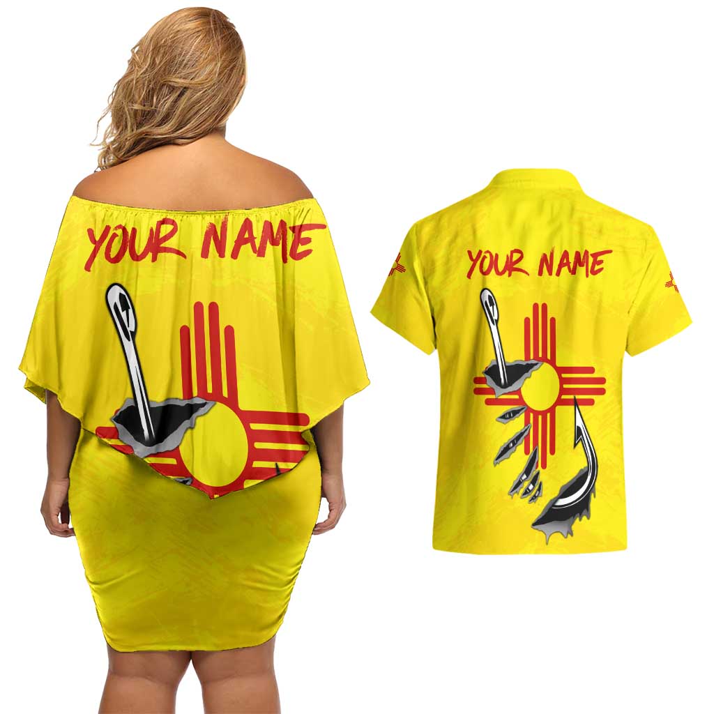 New Mexico Zia Symbol Fish Hook Couples Matching Off Shoulder Short Dress and Hawaiian Shirt Torn Fishing Graphic and Custom Name Design - Wonder Print Shop
